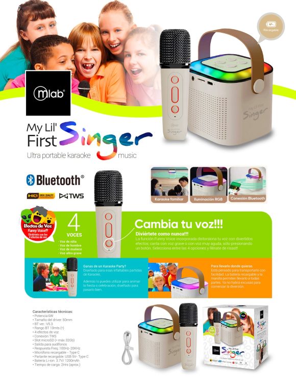PARLANTE MY LIL FIRST SINGER LUZ RGB 1 MIC INALÁMBRICO WHITE MLAB - Imagen 3